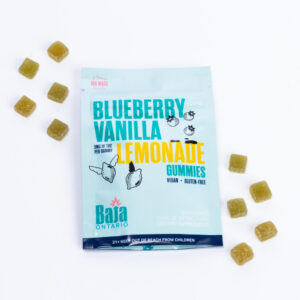Blueberry Vanilla Lemonade gummies Baja Ontario THC edibles next to packaging