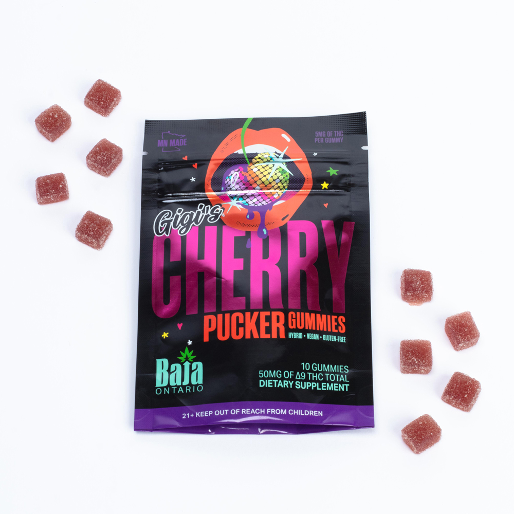 Gigi's Cherry Pucker gummies Baja Ontario THC edibles next to packaging