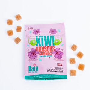 Kiwi Hibiscus gummies Baja Ontario THC edibles next to packaging