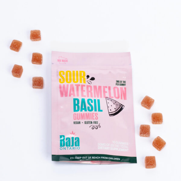 Sour Watermelon Basil gummies Baja Ontario THC edibles next to packaging