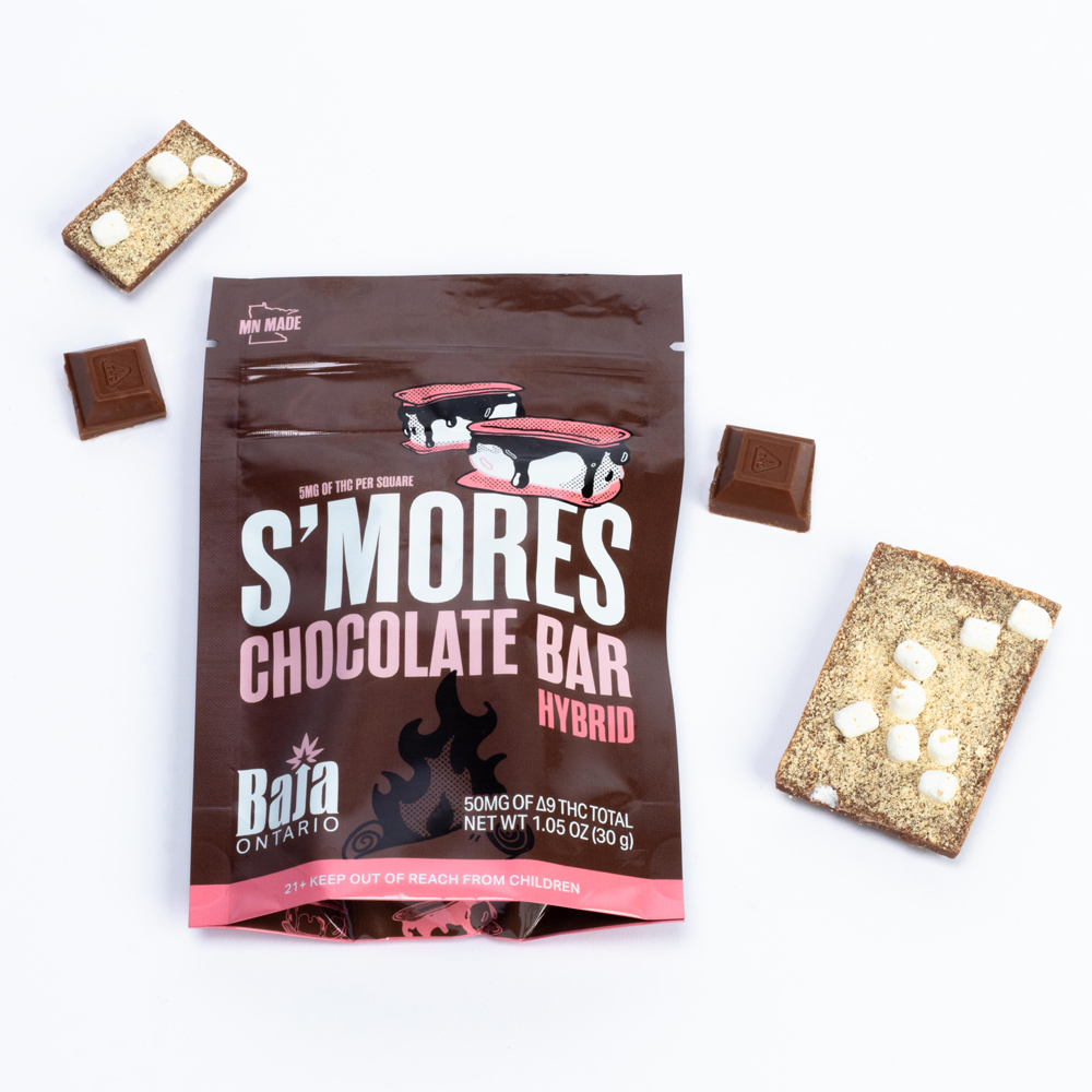 S'mores THC edibles chocolate bar next to packaging