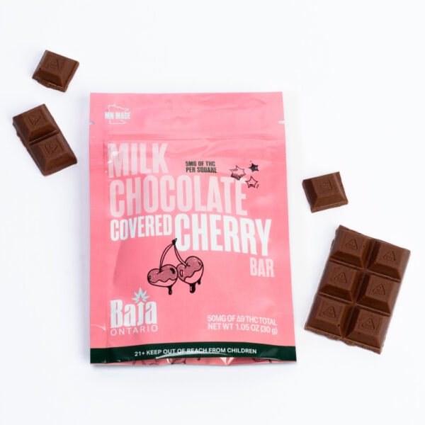 Chocolate Covered Cherry THC edibles by Baja Ontario, product next to packaging